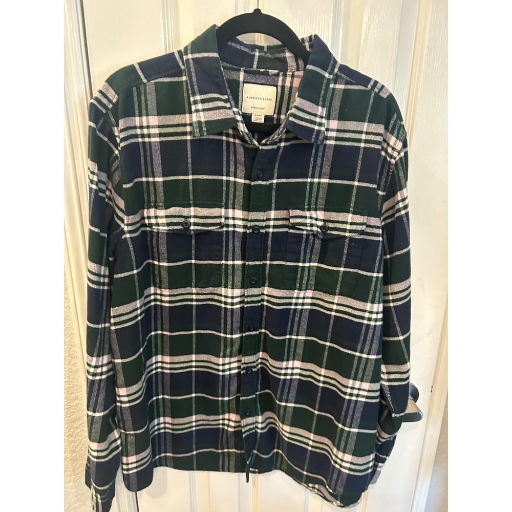 American Eagle Flannel Shirt Green Plaid Super Soft Cotton‎ Button Down XL Mens